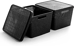 Photo 1 of BINO | Plastic Storage Baskets with Lids, Large - 2 Pack | THE JUTE COLLECTION | Shelf Organizer Bins | Basket with Handle | Pantry Organization | Room Organization | Storage Bins | Plastic Baskets
