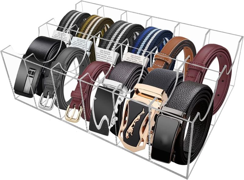 Photo 1 of Belt Organizer, Acrylic 12 Compartments Belt Container Storage Holder, Acrylic Belt Display Storage Box, Clear Belt Display Case for Closet Tie and Bow Watch Jewelry Bracelets Ring Cosmetic…
