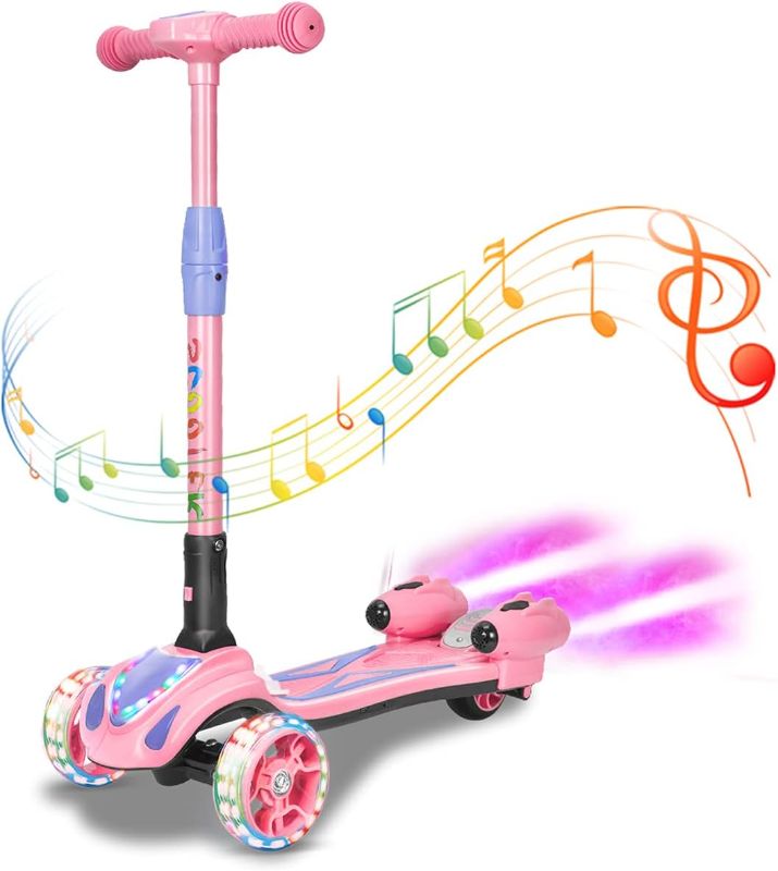 Photo 1 of 3 Wheel Scooter for Kids, Toddler Scooter with Bluetooth Music Speaker Steam Sprayer LED Lights Aluminum Alloy T-Bar, Folding Kick Scooters for Boys Girls Ages 3-10
