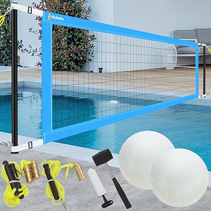 Photo 1 of Upgraded No Base Needed Pool Volleyball Net Set with 2 Water Volleyballs, Pump and Hammer for Easy Installation 15ft-25ft Length Adjustable
