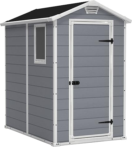 Photo 1 of Keter Manor 4x6 Resin Outdoor Storage Shed Kit-Perfect to Store Patio Furniture, Garden Tools Bike Accessories, Beach Chairs and Lawn Mower, Grey & White
