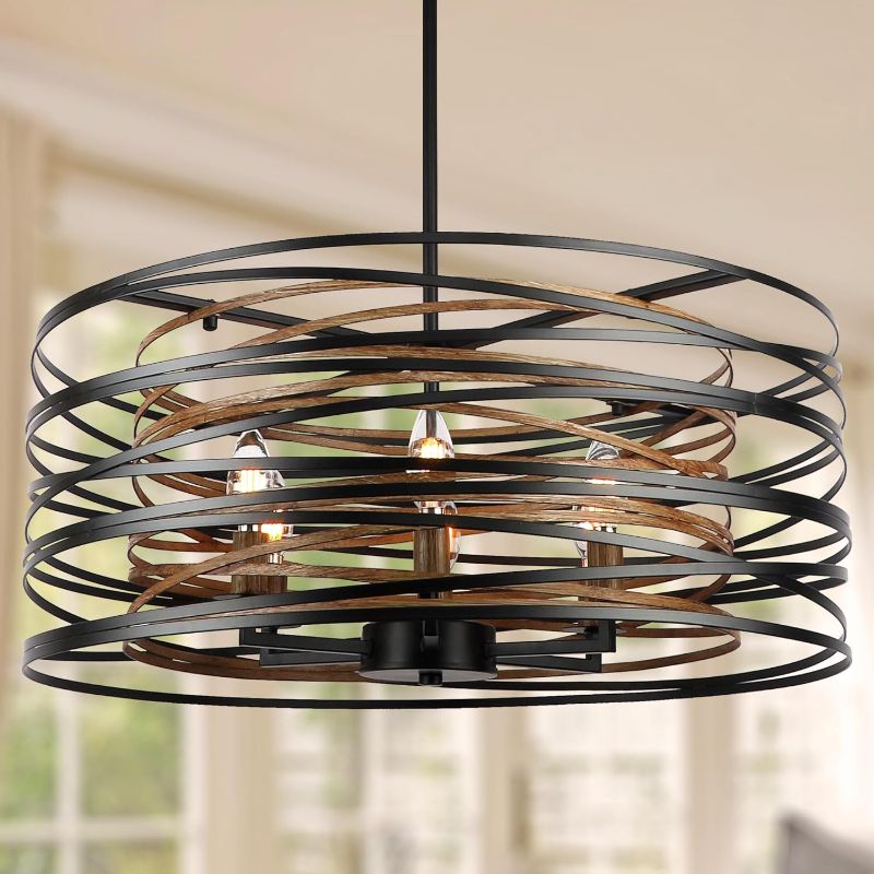 Photo 1 of 23.6'' Rustic Large Drum Chandeliers for Dining Room, 6-Light Modern Farmhouse Lighting for Kitchen Island, Retro Round Entryway Light Fixture, Black with Retro Wood Texture Interior
