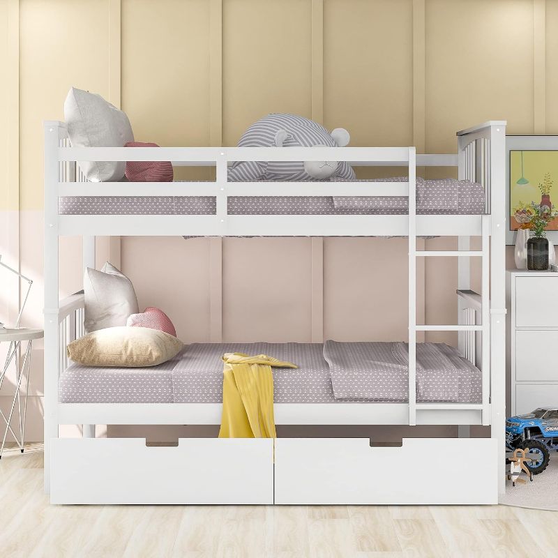 Photo 1 of Full Over Full Bunk Bed with Pull-Out Trundle, Ladder and Safety Rails for 3 Kids Teens Adults, Convertible Bunkbed to 2 Platform Bed, Solid Wood Bedframe Slat Noise Free Design Easy Assembly. (Box 2 of 2)
