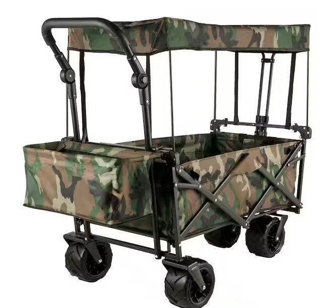 Photo 1 of 3 cu.ft. Collapsible Folding Outdoor Utility Wagon Steel Collapsible Garden Cart with Removable Canopy, Camouflage
