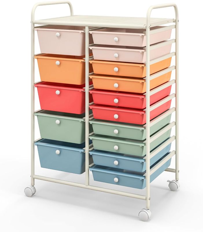 Photo 1 of 15 Drawer Rolling Storage Cart, Mobile Utility Cart with Lockable Wheels, Drawers, Multipurpose Organizer Cart for Home, Office, School, Mixed Color
