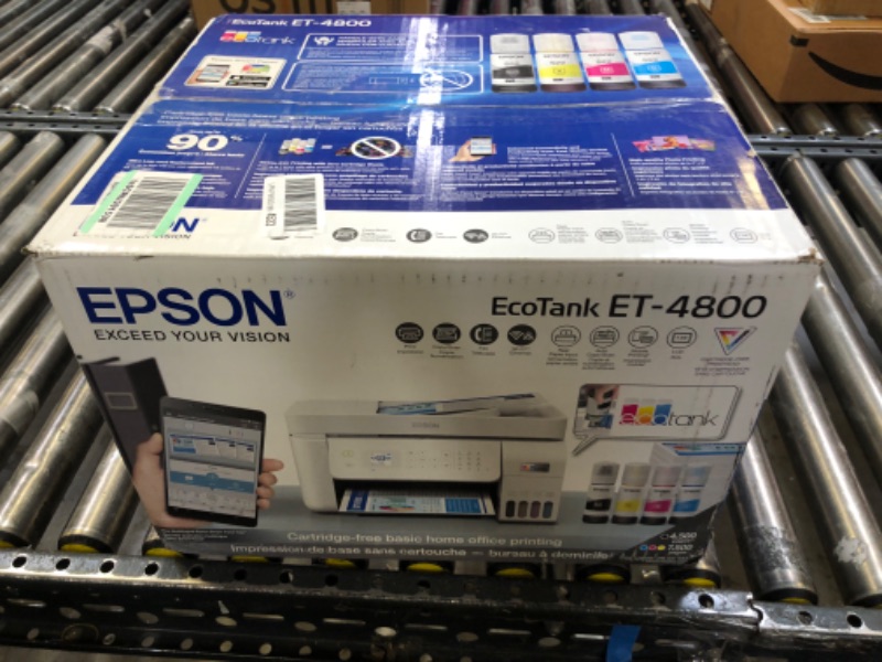 Photo 1 of Epson EcoTank ET-4800 Wireless All-in-One Cartridge-Free Supertank Printer with Scanner, Copier, Fax, ADF and Ethernet – Ideal-for Your Home Office, White ET-4800 White FAX/ADF/Print/Copy/Scan