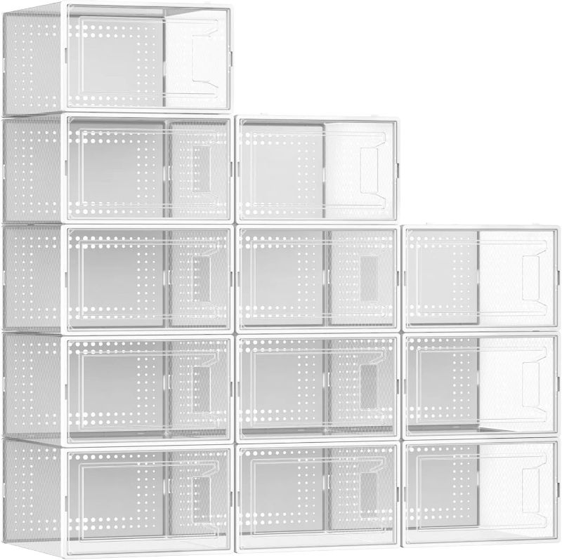 Photo 1 of 12 Pack Large Shoe Organizer Storage Boxes for Closet, Modular Space Saving Shoe Boxes Clear Plastic Stackable Sneaker Containers Display Case with Lids, White
