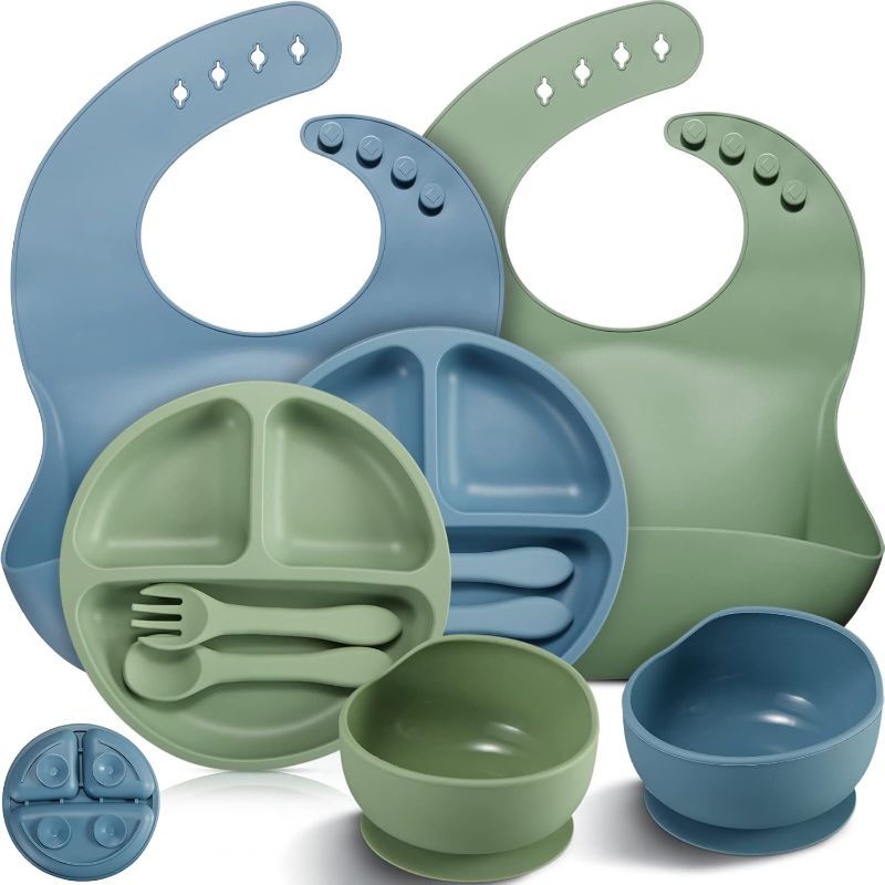 Photo 1 of 10 Pack Silicone Baby Feeding Set, Toddlers Led Weaning Feeding Supplies with Suction Baby Bowl Divided Plate Adjustable Bib Soft Silicone Spoon Fork, Infant Self Eating Utensil Set (Blue, Green)
