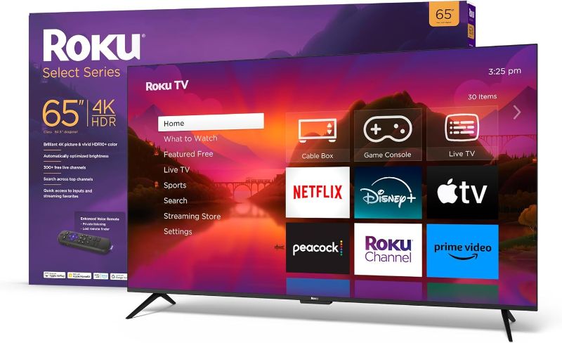 Photo 1 of -FACTORY SEALED- Roku Smart TV – 65-Inch Select Series 4K HDR RokuTV Enhanced Voice Remote, Brilliant 4K Picture, Automatic Brightness, & Seamless Streaming – Live Local News, Sports, Family Entertainment
