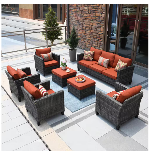 Photo 1 of -ONLY OTTOMANS AND COUCH-New Vultros Gray 7-Piece Wicker Outdoor Patio Conversation Seating Set with Orange Red Cushions
