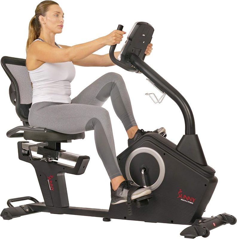 Photo 1 of -FACTORY SEALED- Sunny Health & Fitness Programmable 16 Levels Electro-Magnetic Resistance Recumbent Exercise Bike with 24 Pre-Build Workouts and 300 lbs Weight Capacity, Optional Bluetooth w/Exclusive SunnyFit App
