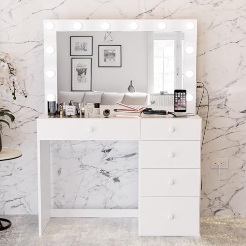 Photo 1 of -BOX NUMBER 1 OF 2- Boahaus Alana White Makeup Vanity Desk with Mirror and Lights Basic Knobs 5 Drawers for Ample Storage Glass Top Elegant White Dressing Table with
