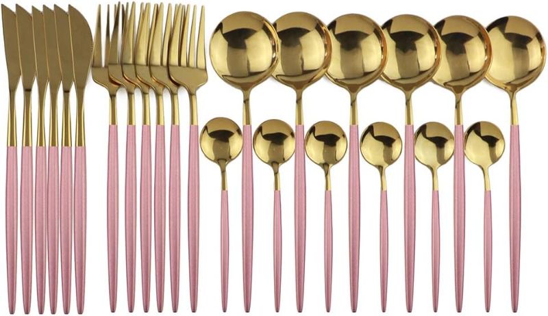 Photo 1 of 90 Pcs PINK Gold Silverware Set, 18 Set PINK Gold Flatware Cutlery for 5 Golden Stainless Steel Utensils Set Includes Forks Knives and Spoons for Kitchen Restaurant Home(PINK Gold Handle)