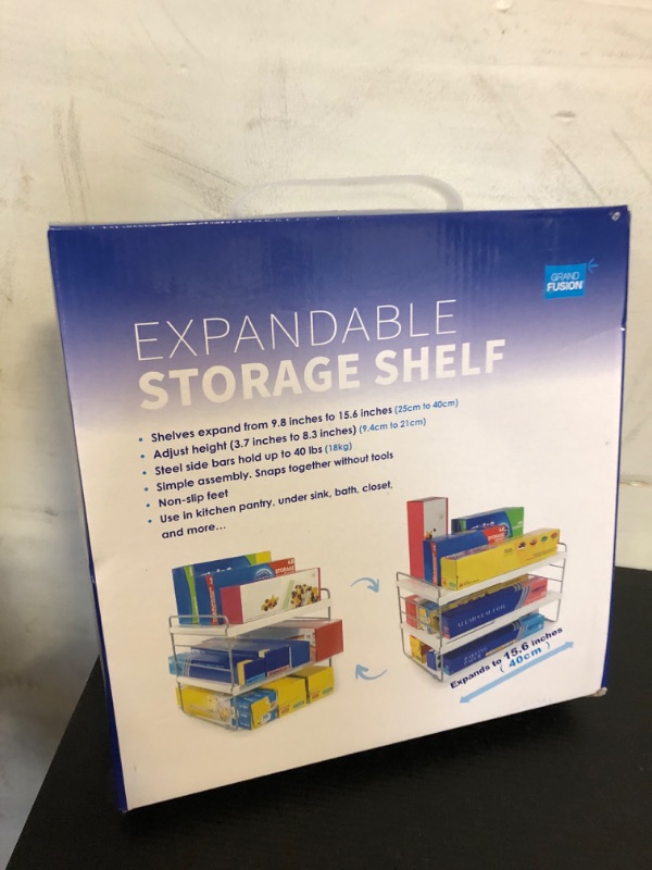 Photo 1 of Grand Fusion Expandable Storage Shelf, Adjustable and Stackable Storage Organizer Rack, Expand from 9.8 to 15.6 inches Long and 3.7 to 8.3 inches Tall, 40lb Capacity, Pack of 2