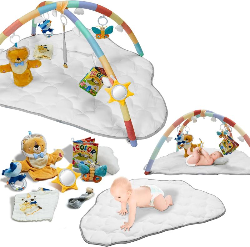 Photo 1 of Baby Play Gym, 8-in-1 Baby Play Mat with 6 Detachable Toys & Burp Cloth, Tummy Time Mat for 0-24 Months, Newborn Infant Baby Essentials Activity Mat
