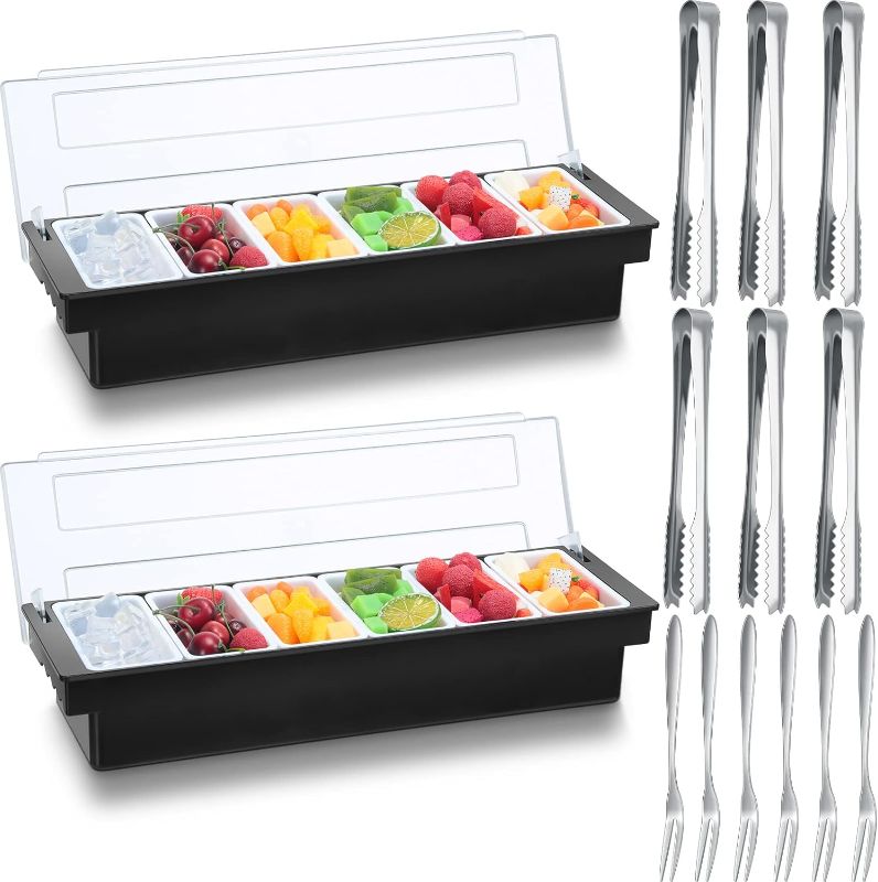 Photo 1 of 2 Ice Cooled Garnish Tray Deck Bar Garnish Caddy Condiment Containers with Lids and Removable Chilled Condiment Server with 6 Tongs and 6 Fruit Forks(6 Compartments)
