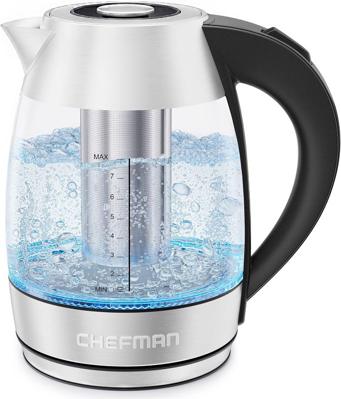 Photo 1 of Chefman Electric Glass Kettle, Fast Boiling W/ LED Lights, Auto Shutoff & Boil Dry Protection, Cordless Pouring, BPA Free, Removable Tea Infuser, 1.8 Liters, Stainless Steel
