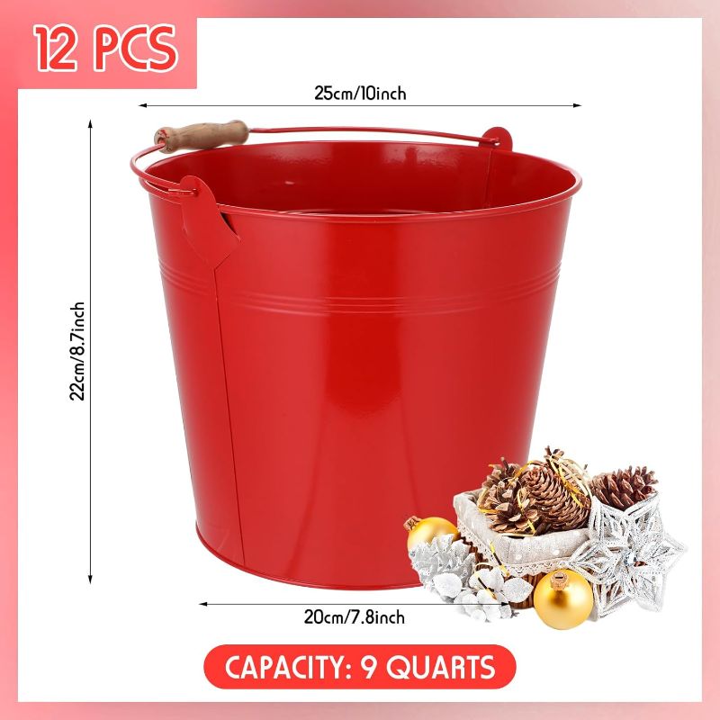 Photo 1 of  Large Galvanized Metal Buckets with Handle 10 Inch Heavy Duty Stainless Steel Pails Round Pail for Party Wedding, Crafts, Utensils, Table Centerpieces (Red)