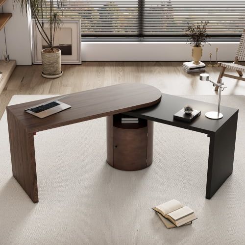 Photo 1 of 56.92" Modern L Shaped Desk in Walnut with 1 Cabinet and Open storage,360° Wood Rotating Desk,Executive Office Desk,Corner Desk,Office Study Workstation,for Home Office or Living Room,Walnut
