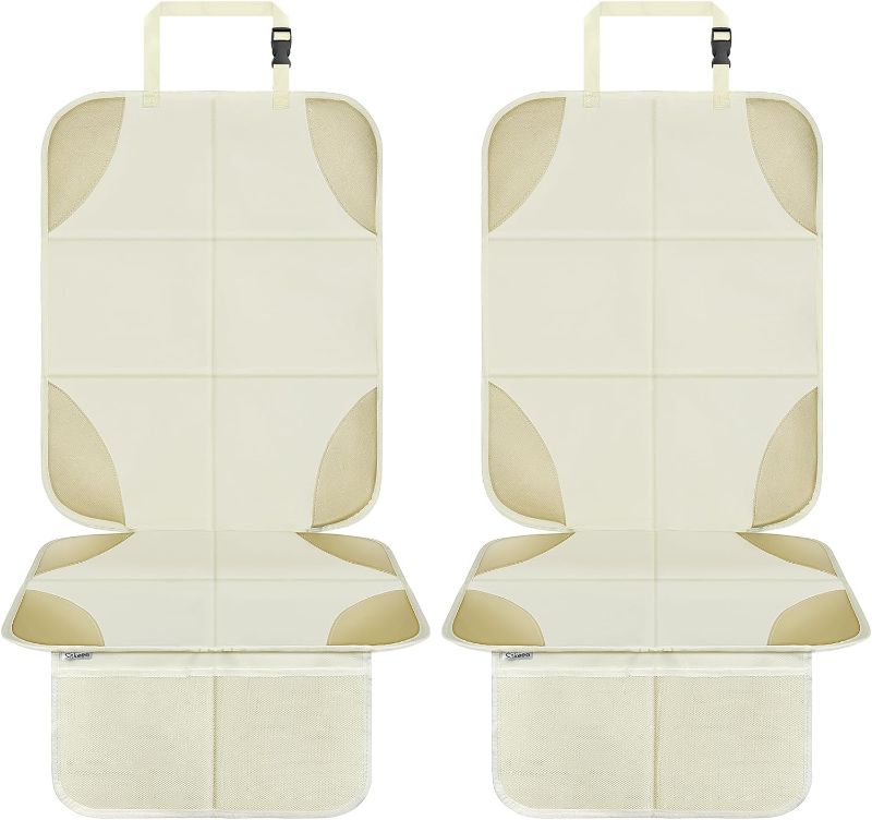 Photo 1 of Cnkeeo Baby Car Seat Protectors, 2 Pack Seat Protectors with Leather and Fabric Padding, Non-Slip Backing with Mesh Pockets, Waterproof seat Protectors for Vehicles Baby Pets (2-Pack White)
