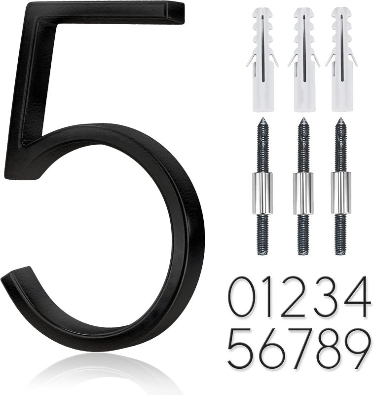 Photo 1 of 5" Stainless Steel Floating House Number, Metal Modern House Numbers, Mailbox Decor Number with Nail Kit, Coated Black, 911 Visibility Signage (5)
