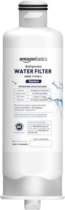 Photo 1 of Amazon Basics Replacement Refrigerator Water Filter, 1-Pack, Standard Filtration
