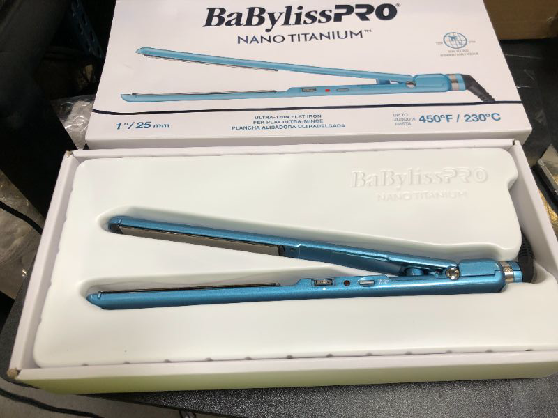 Photo 2 of BabylissPRO Nano Titanium Ultra-Thin Hair Straightener, Professional Flat Iron For All Hair Types 1 Inch Blue