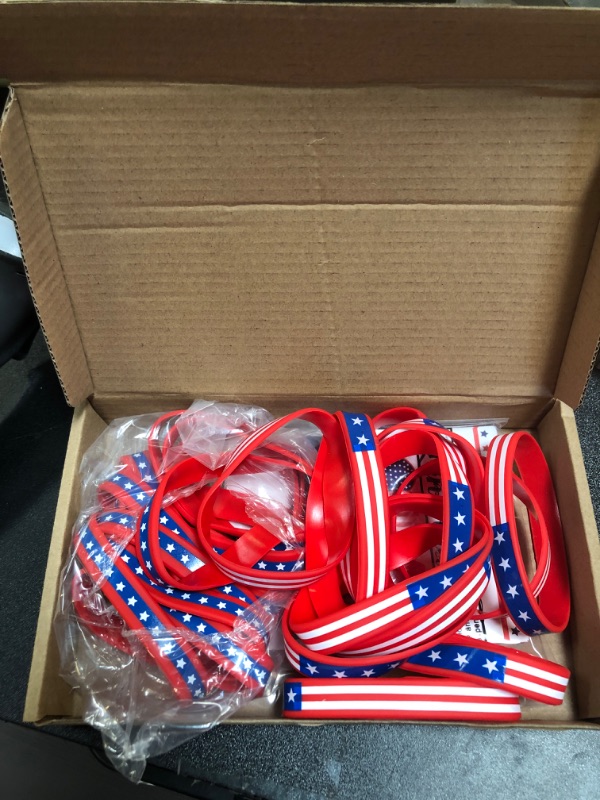 Photo 1 of 24 Sets 4th of July Silicone Wristband Bulk with USA Card for Kids Patriotic Party Favors School Exchange Gifts 4th of July Memorial Day