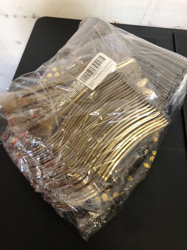 Photo 2 of 175PCS Black and Gold Party Supplies. Serves 25 Sets Plates and Napkins Party Supplies Include Paper Plates, Cups, Napkins and Plastic Spoons Forks Knives, for Graduation, Birthday, Wedding.