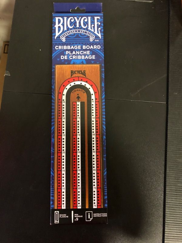 Photo 1 of Bicycle Cribbage Game Bundle: 3-Track Color Coded Wooden Cribbage Board, 2 Bicycle Jumbo Index Playing Card Decks, and 9 Color Coded Pegs