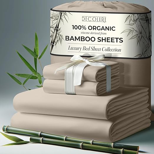 Photo 1 of DECOLURE 100% Organic Viscose Derived from Bamboo Sheets King Size 4pcs - Ultra Soft & Luxuriously Cooling, 17" Deep Pocket, Double Stitching, Perfect for Hot Sleepers - King Bed Sheets (Taupe)