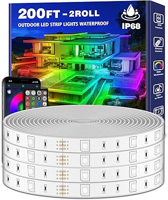 Photo 1 of 200ft Outdoor LED Strip Lights Waterproof 1 Roll,IP68 Outside Led Light Strips Waterproof with App and Remote,Music Sync RGB Exterior Led Rope Lights with Self Adhesive Back for Deck,Balcony,Pool