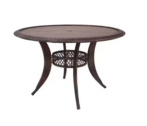 Photo 1 of Cambridge Brown Round Resin Wicker Outdoor Dining Table with Faux Wood Table Top