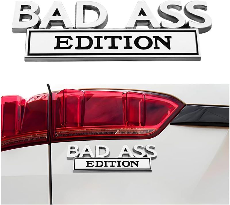 Photo 1 of Car Bad Ass Edition Emblem, 3D Fender Badge Decal Auto Sticker, Auto Tailgate Front Grille Hood Trunk Badge Adhesive Decorative Replacement, Compatible with Cars SUV Truck (Silver & Black)
