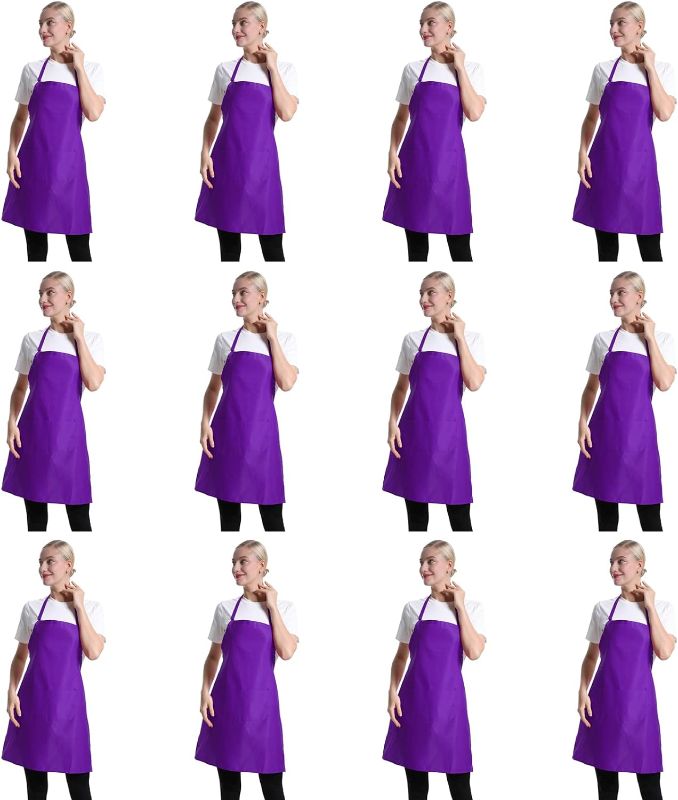 Photo 1 of 12 Pcs Purple Bib Bulk Aprons for Women Men Adult Girls Unisex with 2 Pockets, Painting Baking Cooking Kitchen Apron (Purple,12 pcs)