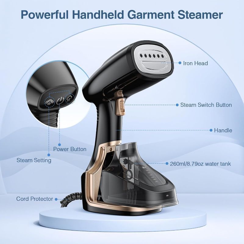 Photo 1 of 1400W Handheld Garment Steamer, Portable Steamer for Clothes with Quick Heat-up, Automatic Shut-Off, 260ml Water Tank Fabric Wrinkles Remover for Home Use
