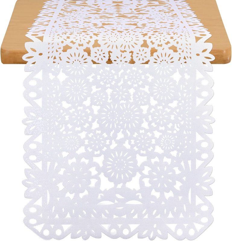 Photo 2 of 14 x 84 Inches Mexican Party Table Runner White Papel Picado Tablecloth Runner Fabric Table Decoration for Cinco De Mayo Mexican Wedding Fiesta Party Supplies 
