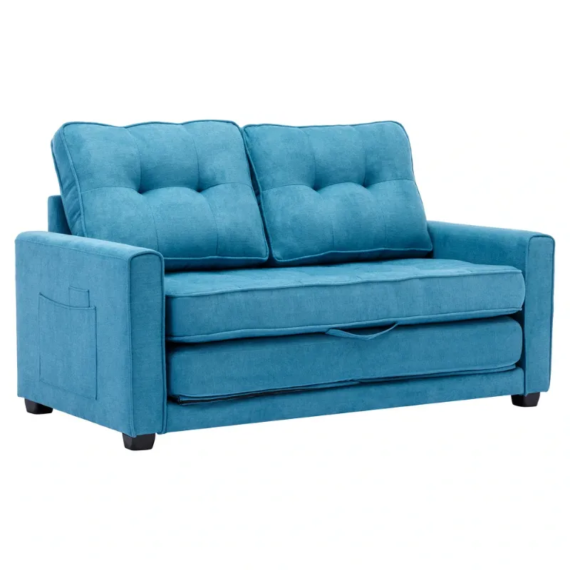 Photo 1 of *PARTIAL SET* 59.4 in. Blue Chenille 2-Seater Loveseat Sofa with Pull-Out Bed and Side Pockets
