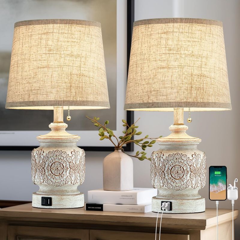 Photo 1 of 19.5" Farmhouse Vintage Table Lamps for Living Room Set of 2 Traditional Rustic Bedside Lamps for Bedrooms Nightstand with USB Ports Carved Floral Night...
