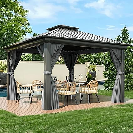 Photo 1 of  PARTS PARTS PARTS PARTS PARTS BOX 2 
YITAHOME 12x12ft Hardtop Gazebo with Nettings and Curtains, Heavy Duty Double Roof Galvanized Steel Outdoor Combined of Vertical Stripes Roof for Patio, Backyard, Deck, Lawns, Gray
