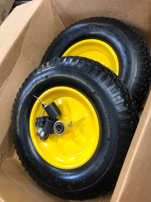 Photo 2 of AR-PRO (2-PACK) 4.80/4.00-8" Tire and Wheel, 16" Pneumatic Tire Wheels with 5/8" Bearings (Extra 3/4" Bearings) and 3" Centered Hub, for Wheelbarrow, Hand Truck, Garden Carts, Yard Wagon Dump Cart 4.80/4.00-8" Yellow (2 Pack)