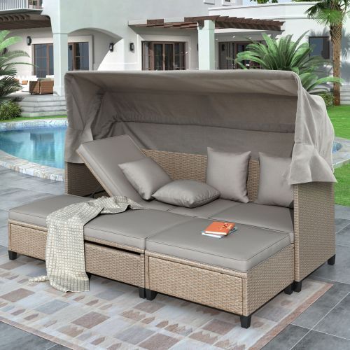 Photo 1 of BOX 1 OF 2-- MISSING 2/2---4 Piece UV-Proof Resin Wicker Patio Sofa Set with Retractable Canopy, Cushions and Lifting Table