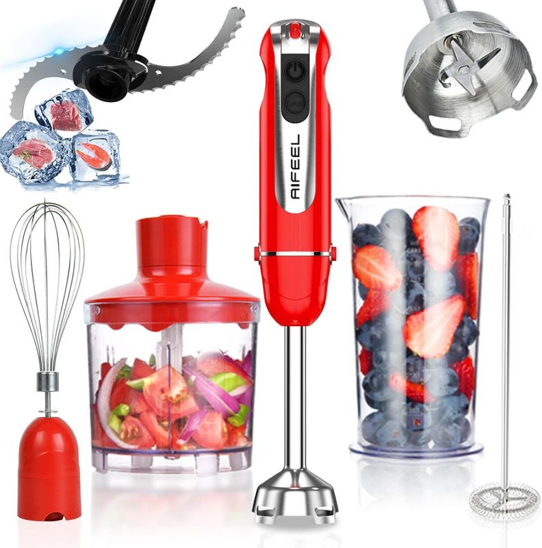 Photo 1 of AIFEEL Immersion Hand Blender, 4-in-1 Stick Blenderice blade,with Ice Crusher 500ml Food Grinder/Chopper, 600ml Container,Milk Frother,Egg Whisk,Puree Infant Food, Smoothies, Sauces and Soups(red)