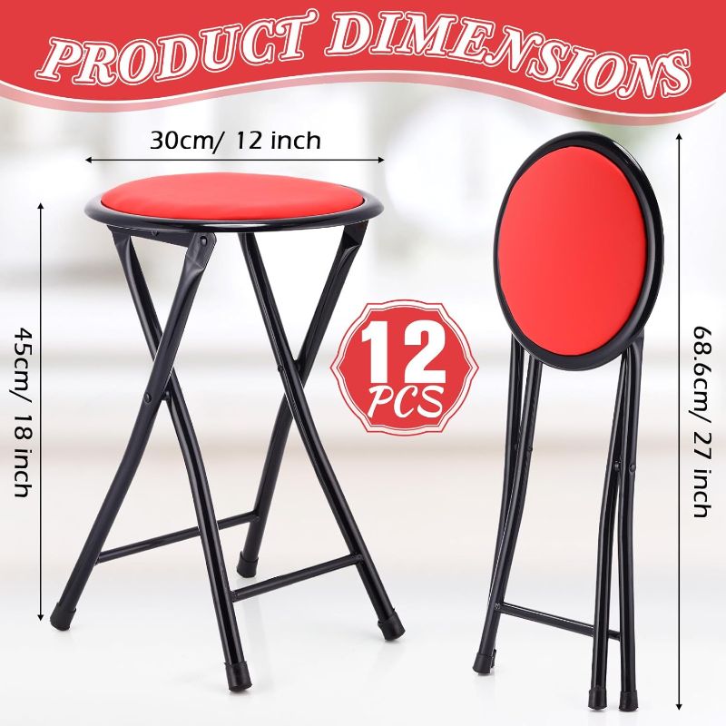 Photo 1 of 12 Pcs Folding Stool 18'' Foldable Bar Stool 300 Lbs Capacity Portable Stool Chair Kitchen Collapsible Round Metal Stool Heavy Duty Fold up Stol for Adult Kids Camping Home Bathroom (Red)