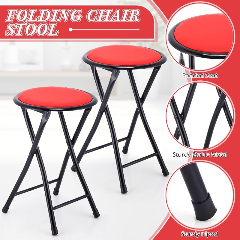 Photo 1 of  Folding Stool 18'' Foldable Bar Stool 300 Lbs Capacity Portable Stool Chair Kitchen Collapsible Round Metal Stool Heavy Duty Fold up Stol for Adult Kids Camping Home Bathroom (Red)