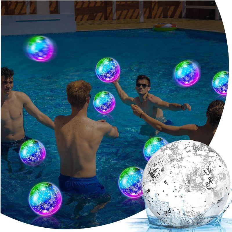 Photo 1 of 16 Pcs  Beach Balls LED Beach Balls 9 Inch Confetti Glitters Inflatable Glow in The Dark Pool Toys Bulk Pool Balls for Teens Adults Summer Party Favors (Silver)