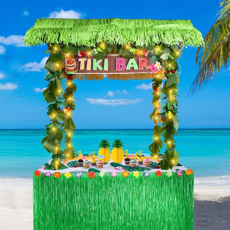 Photo 1 of Auihiay 124PCS Tiki Bar Hut Kit, Portable Outdoor Tiki Bar Decor with Grass Table Skirt, Tablecloth, Flower Garland, and LED Lights for Hawaiian Luau Tropical Aloha Theme Party Decoration
