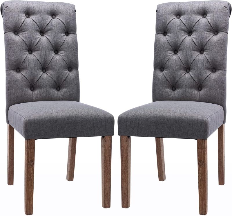 Photo 1 of COLAMY Button Tufted Dining Chairs Set of 2, Parsons Upholstered Fabric Dining Room Chairs Kitchen Chairs with Wood Legs and Padded Seat, Dark Grey
