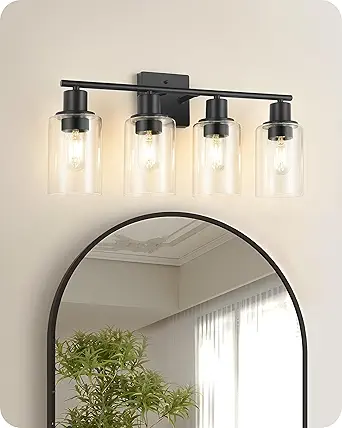 Photo 1 of 4-Light Black Bathroom Light Fixture, Vanity Light Over Mirror with Clear Glass Shade, Modern Sconce Wall Lighting with Metal Base, for Mirror Bedroom Powder Room Hallway, Black B04BD05
