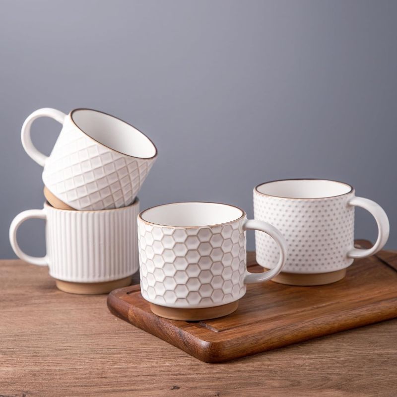 Photo 1 of 12OZ Stackable Coffee Mugs, Ceramic Coffee Mugs with Texture Patterns for Man,Woman,Dad,Mom, Modern Coffee Mugs Set of 4 for Latte/Cappuccino/Cocoa. Dishwasher&Microwave Safe, Off White
